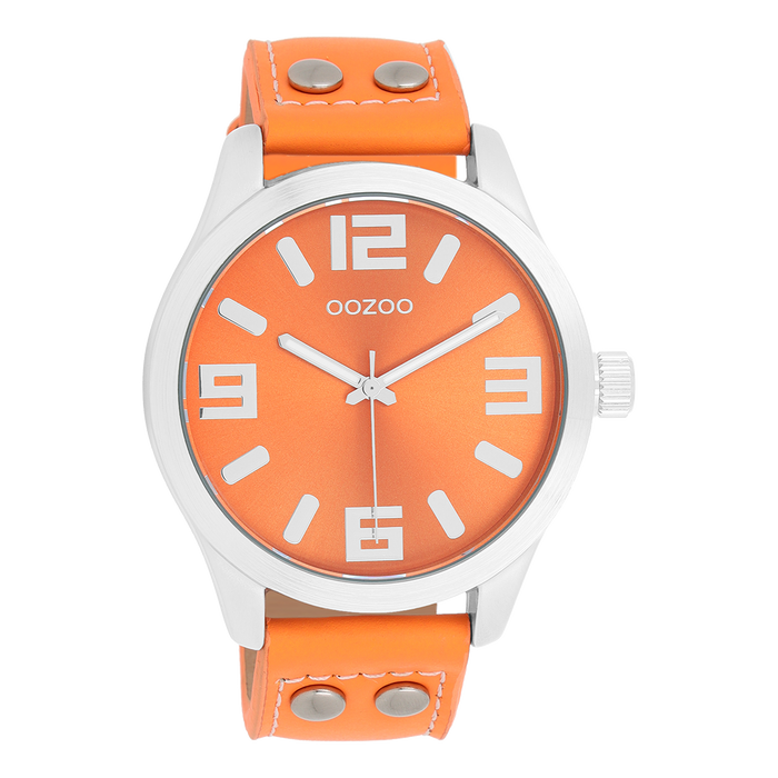 oozoo Zilverkleurige OOZOO horloge met fluo oranje leren band - C1072
