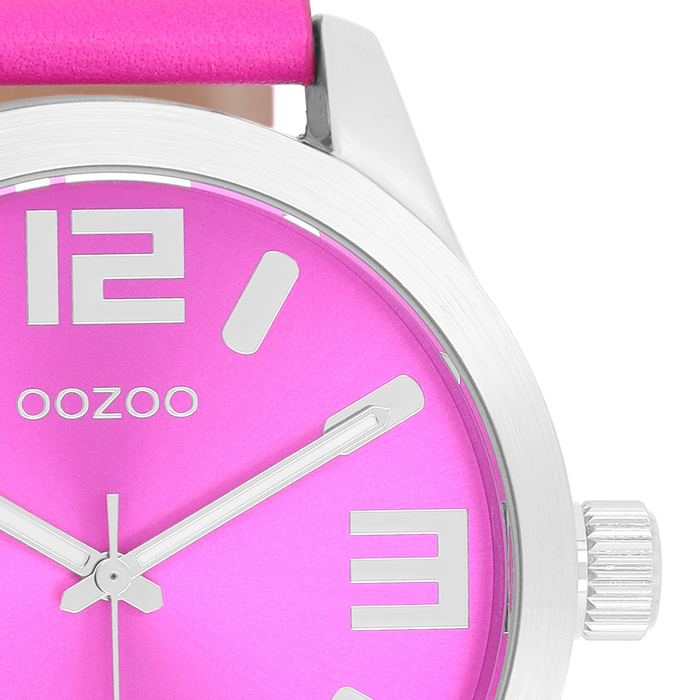 Oozoo Zilverkleurige OOZOO Horloge Met Fluo Roze Leren Band - C1074