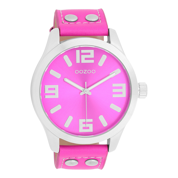 oozoo Zilverkleurige OOZOO horloge met fluo roze leren band - C1074