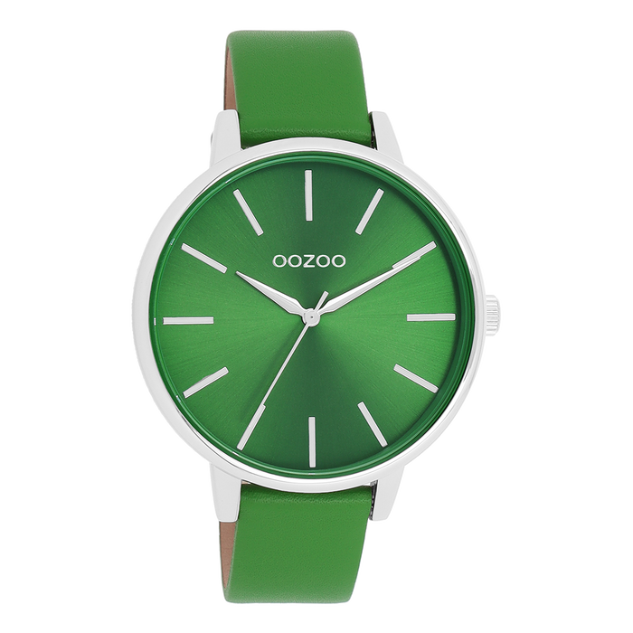 oozoo Zilverkleurige OOZOO horloge met groene leren band - C11297
