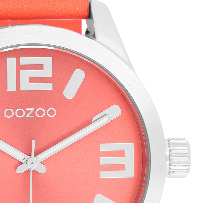 Oozoo Zilverkleurige OOZOO Horloge Met Koraalkleurige Leren Band - C1073