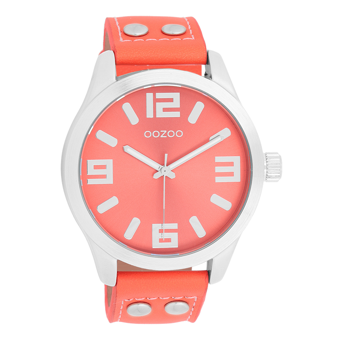 oozoo Zilverkleurige OOZOO horloge met koraalkleurige leren band - C1073
