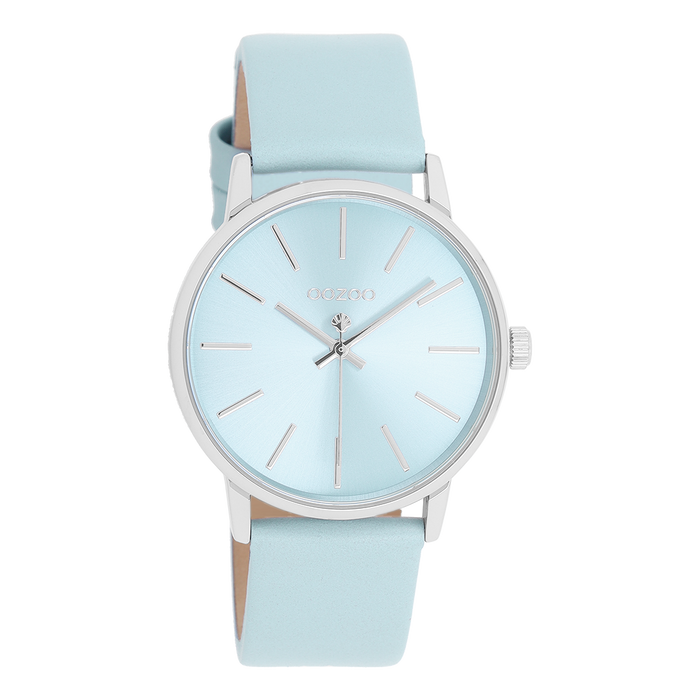 oozoo Zilverkleurige OOZOO horloge met licht blauwe leren band - C11369