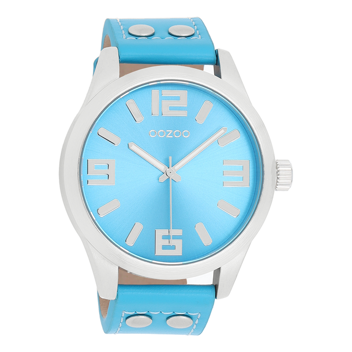 oozoo Zilverkleurige OOZOO horloge met licht blauwe leren band - C1075