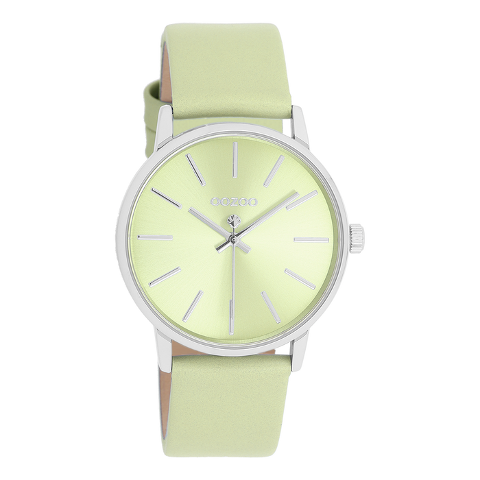 oozoo Zilverkleurige OOZOO horloge met licht groene leren band - C11370