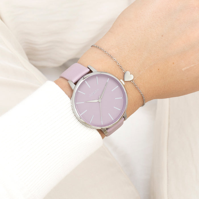 Oozoo Zilverkleurige OOZOO Horloge Met Lila Leren Band - C11361