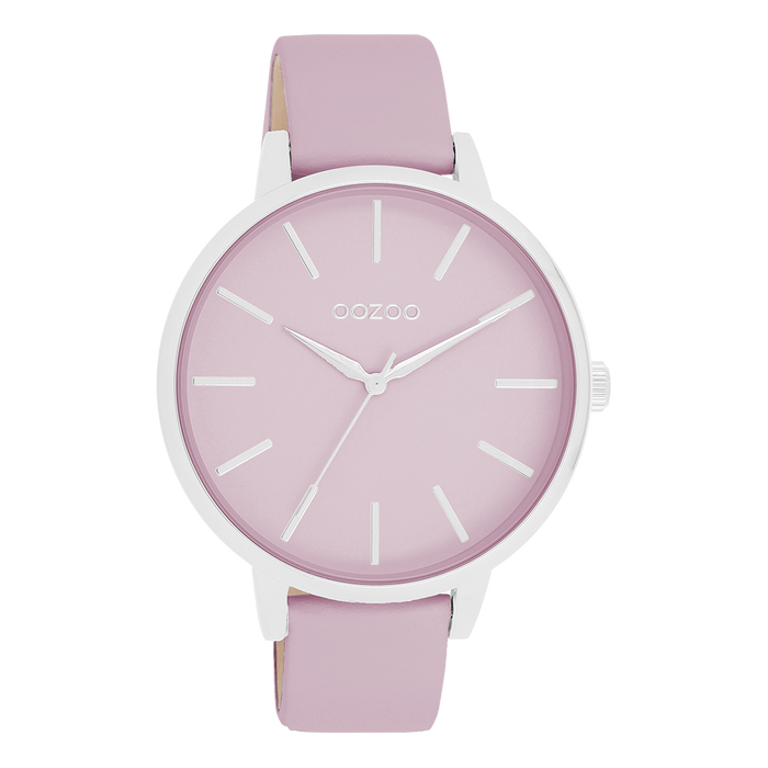oozoo Zilverkleurige OOZOO horloge met lila leren band - C11361