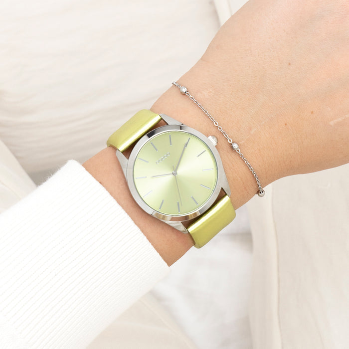 Oozoo Zilverkleurige OOZOO Horloge Met Limoen Groene Leren Band - C11331