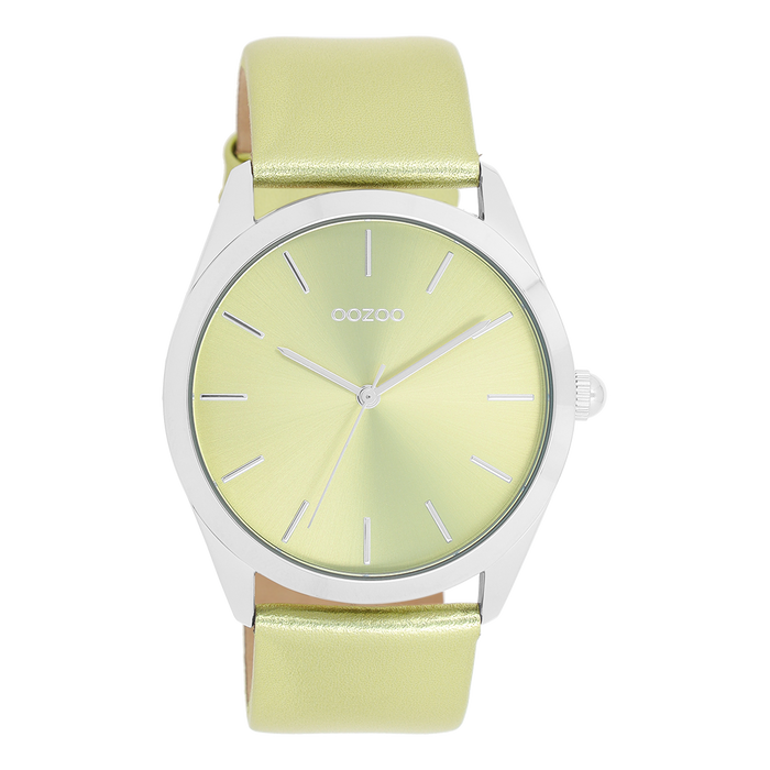 oozoo Zilverkleurige OOZOO horloge met limoen groene leren band - C11331