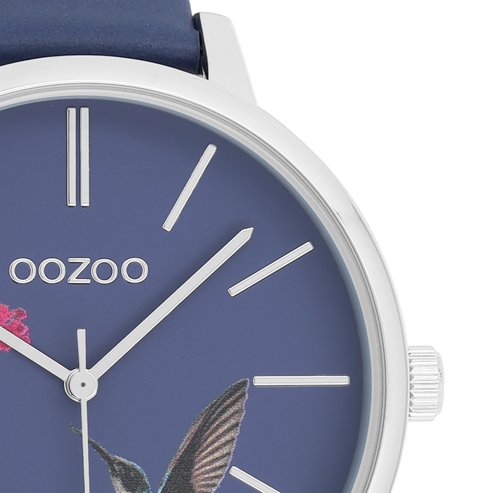 Oozoo Zilverkleurige OOZOO Horloge Met Marine Blauw Leren Band - C11069