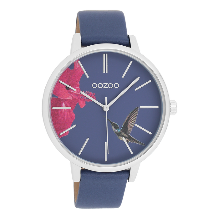 oozoo Zilverkleurige OOZOO horloge met marine blauw leren band - C11069