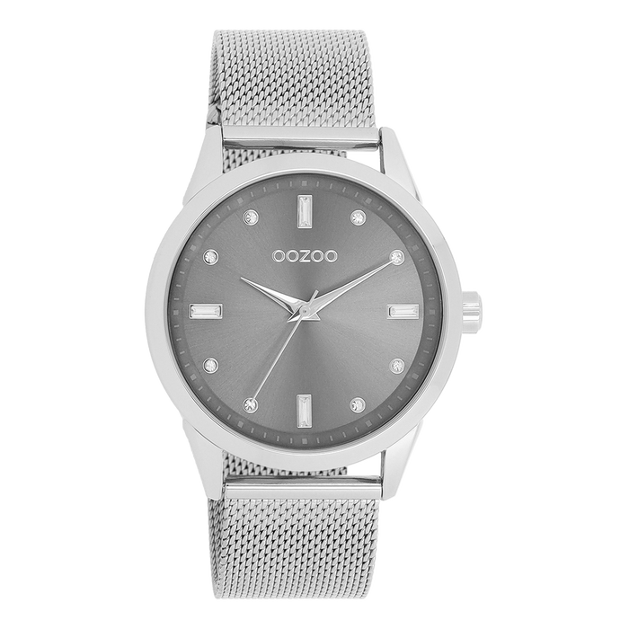oozoo Zilverkleurige OOZOO horloge met metalen mesh armband - C11281