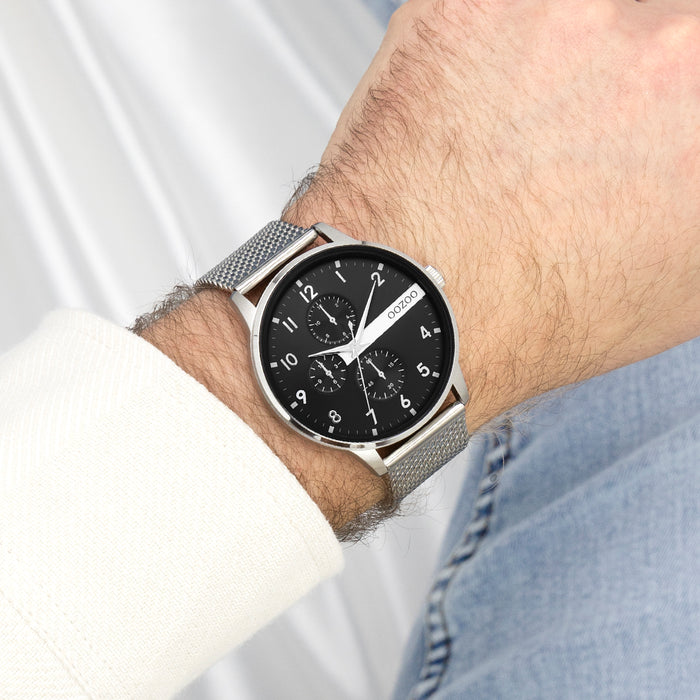 oozoo Zilverkleurige OOZOO horloge met metalen mesh armband - C11301
