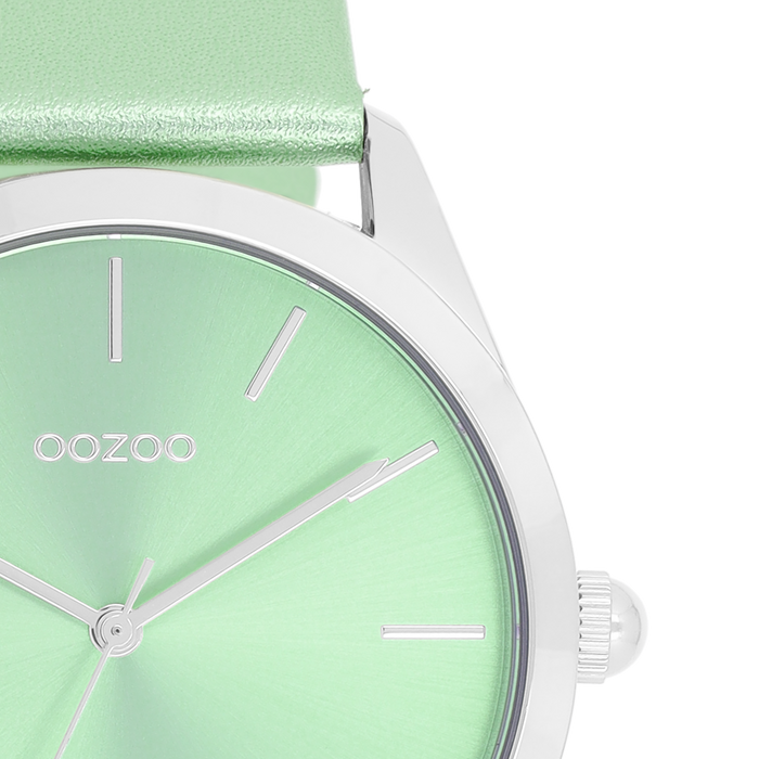 Oozoo Zilverkleurige OOZOO Horloge Met Mint Groene Leren Band - C11336