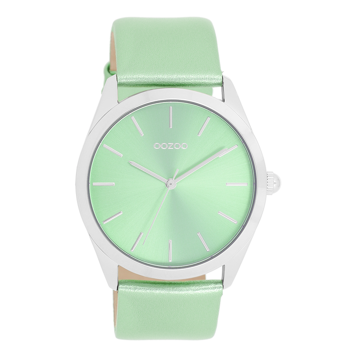 oozoo Zilverkleurige OOZOO horloge met mint groene leren band - C11336