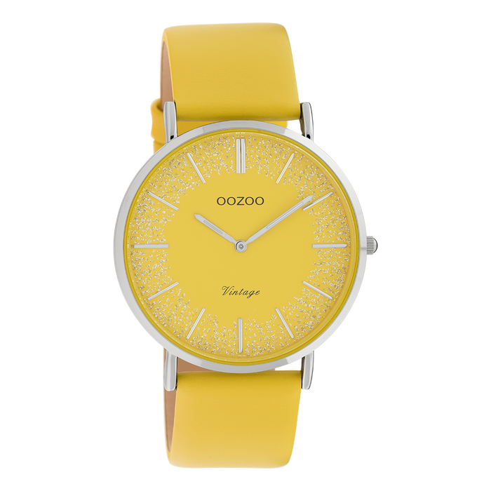 oozoo Zilverkleurige OOZOO horloge met mosterd gele leren band - C20128
