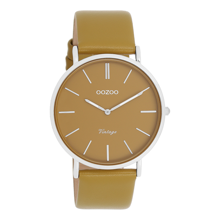 oozoo Zilverkleurige OOZOO horloge met olijf groene leren band - C20326