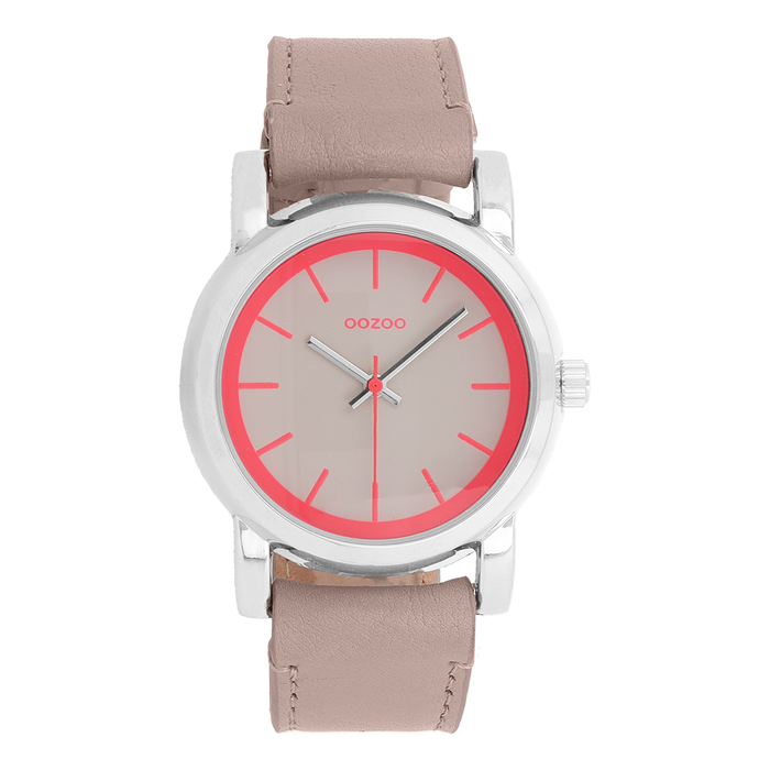 oozoo Zilverkleurige OOZOO horloge met oud roze leren band - C7183