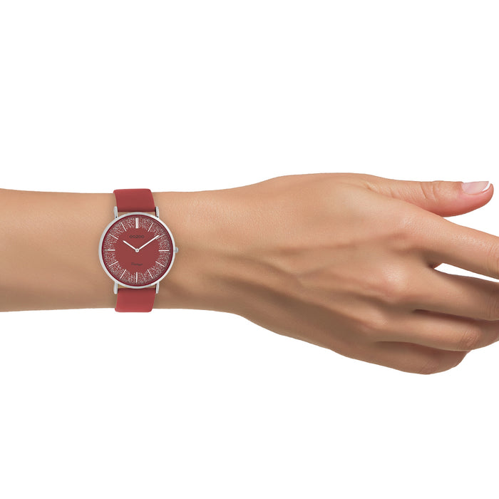 Oozoo Zilverkleurige OOZOO Horloge Met Rode Leren Band - C20129