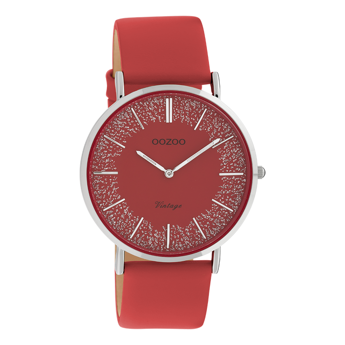 oozoo Zilverkleurige OOZOO horloge met rode leren band - C20129