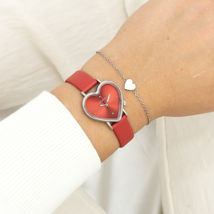 Oozoo Zilverkleurige OOZOO Horloge Met Rode Leren Band - C11448