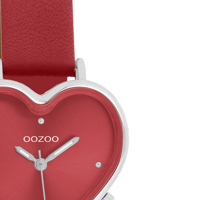 Oozoo Zilverkleurige OOZOO Horloge Met Rode Leren Band - C11448
