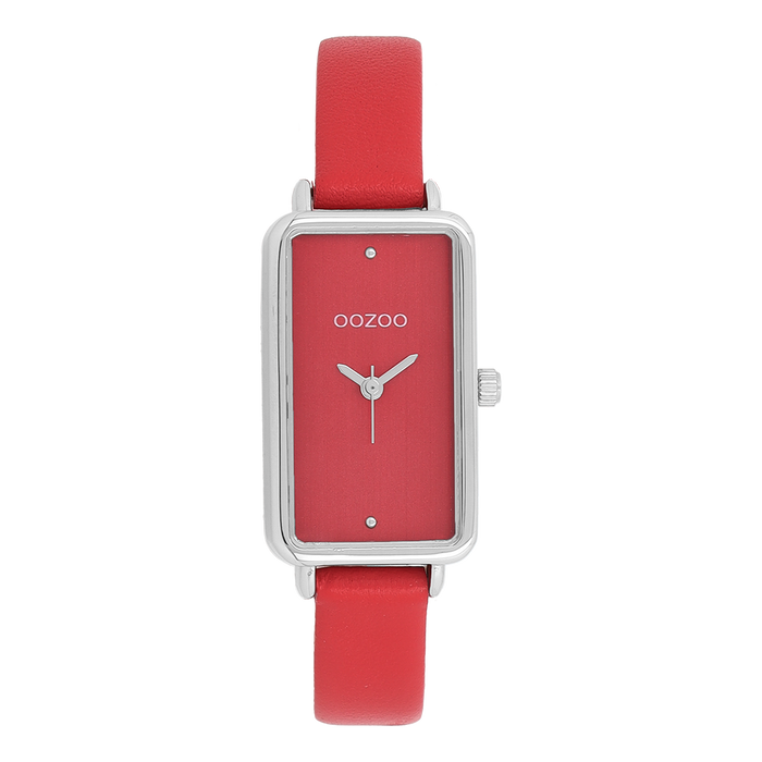 oozoo Zilverkleurige OOZOO horloge met rode leren band - C11532