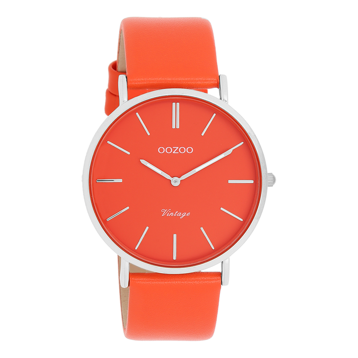 oozoo Zilverkleurige OOZOO horloge met rood/oranje leren band - C20320