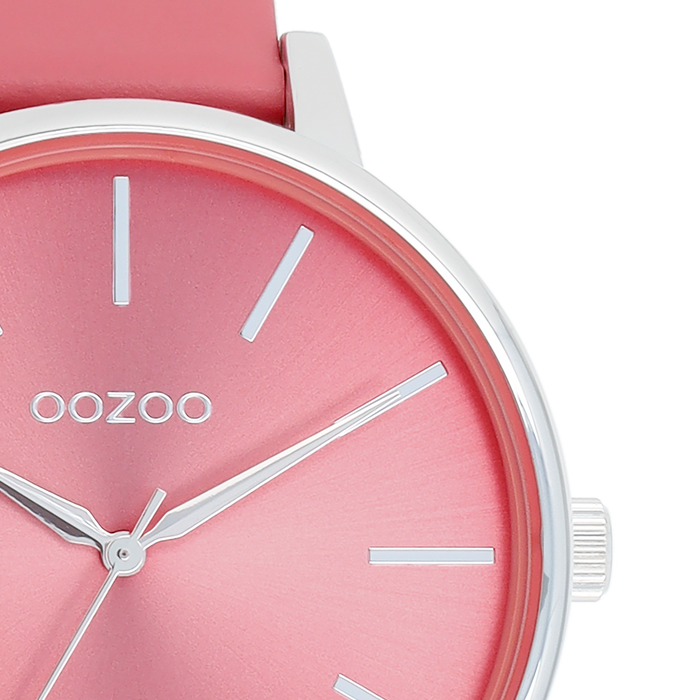 Oozoo Zilverkleurige OOZOO Horloge Met Roze Schelpkleurige Leren Band - C11295