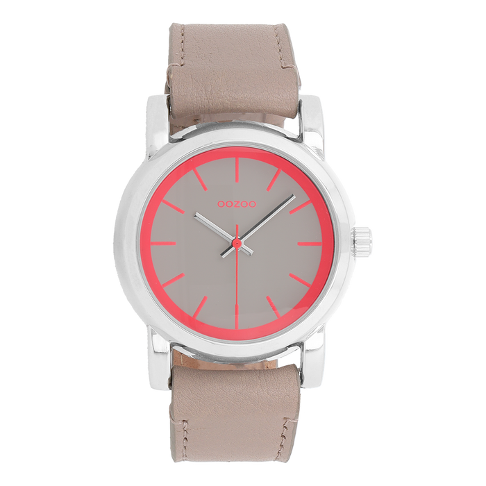 oozoo Zilverkleurige OOZOO horloge met taupe leren band - C7182