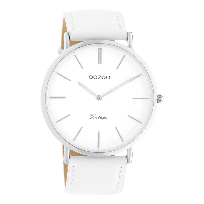 oozoo Zilverkleurige OOZOO horloge met witte leren band - C9310
