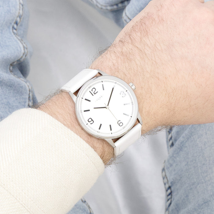 Oozoo Zilverkleurige OOZOO Horloge Met Witte Leren Band - C11500