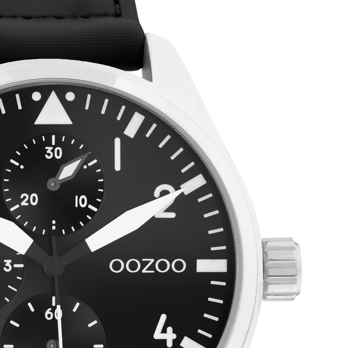 Oozoo Zilverkleurige OOZOO Horloge Met Zwarte Klittenband Polsband - C11009