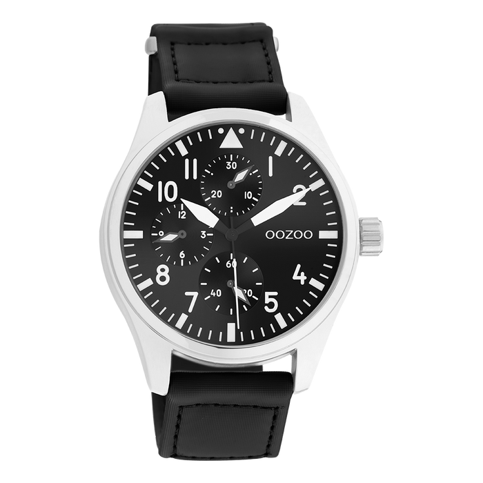 oozoo Zilverkleurige OOZOO horloge met zwarte klittenband polsband - C11009
