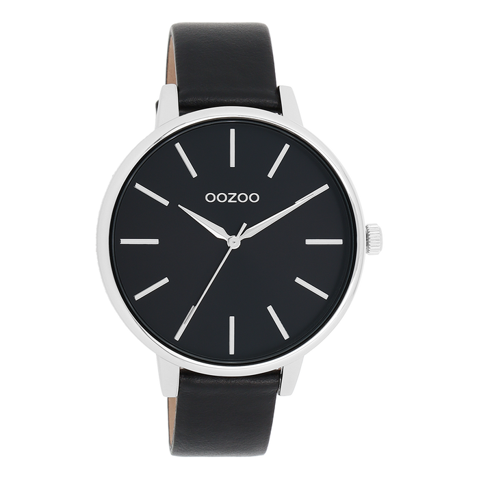 oozoo Zilverkleurige OOZOO horloge met zwarte leren band - C11293