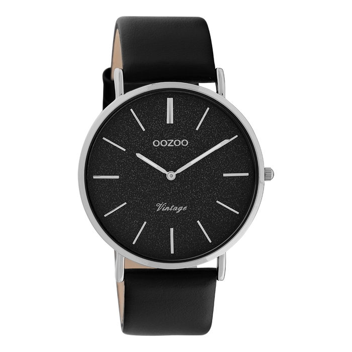 oozoo Zilverkleurige OOZOO horloge met zwarte leren band - C20168