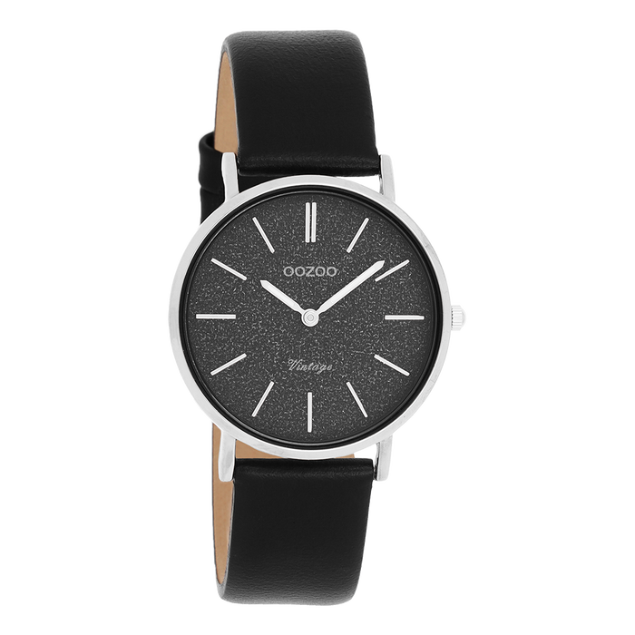 oozoo Zilverkleurige OOZOO horloge met zwarte leren band - C20208