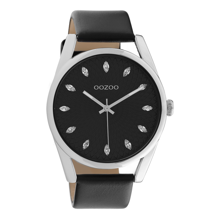 oozoo Zilverkleurige OOZOO horloge met zwarte leren band - C10818