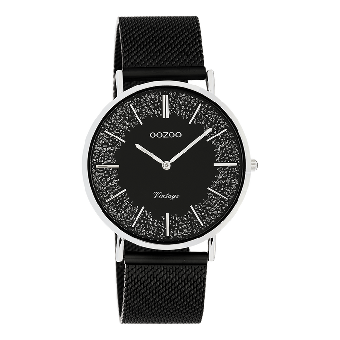 oozoo Zilverkleurige OOZOO horloge met zwarte metalen mesh armband - C20140