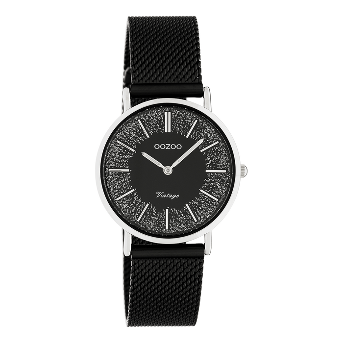 oozoo Zilverkleurige OOZOO horloge met zwarte metalen mesh armband - C20141
