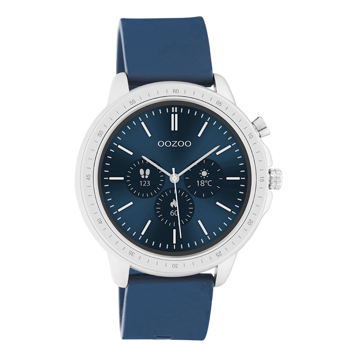 oozoo Zilverkleurige OOZOO smartwatch met donker blauwe rubber band - Q00315