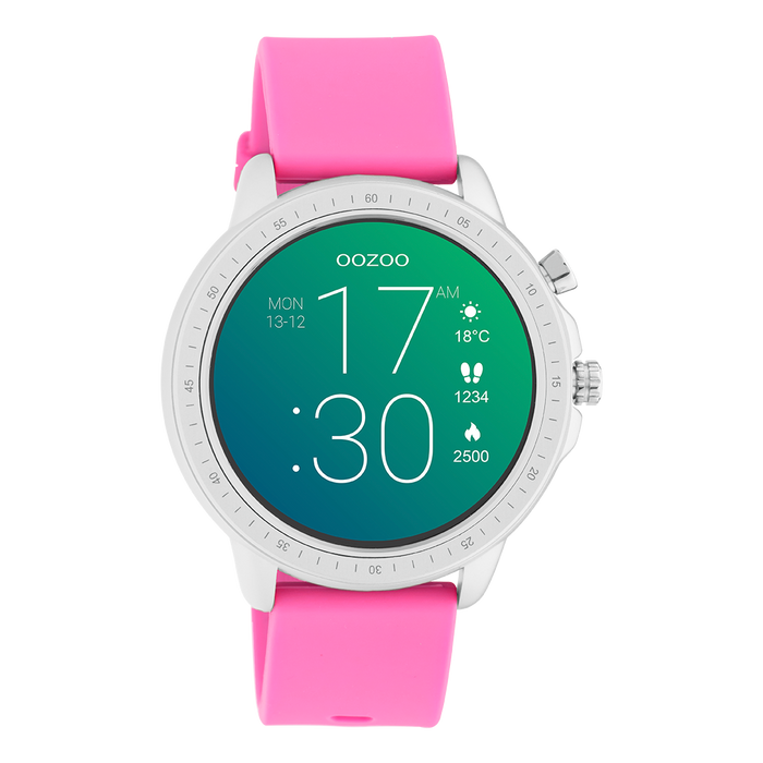 oozoo Zilverkleurige OOZOO smartwatch met framboos roze rubber band - Q00314