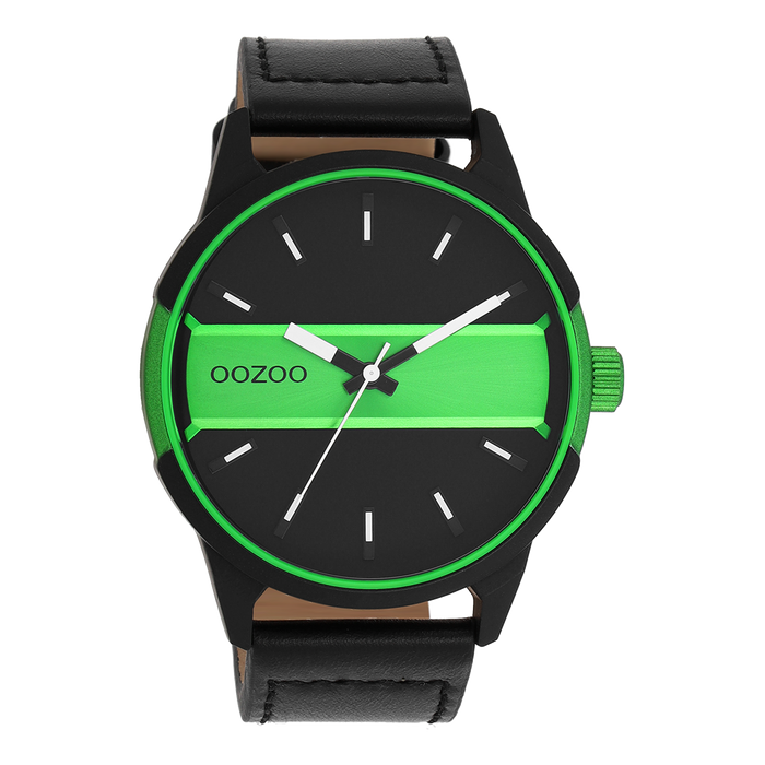 oozoo Zwart/fluo groene OOZOO horloge met zwarte leren band - C11234