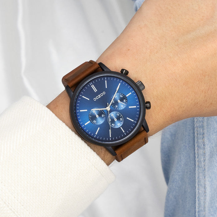 Oozoo Zwarte OOZOO Horloge Met Bruine Leren Band - C11202