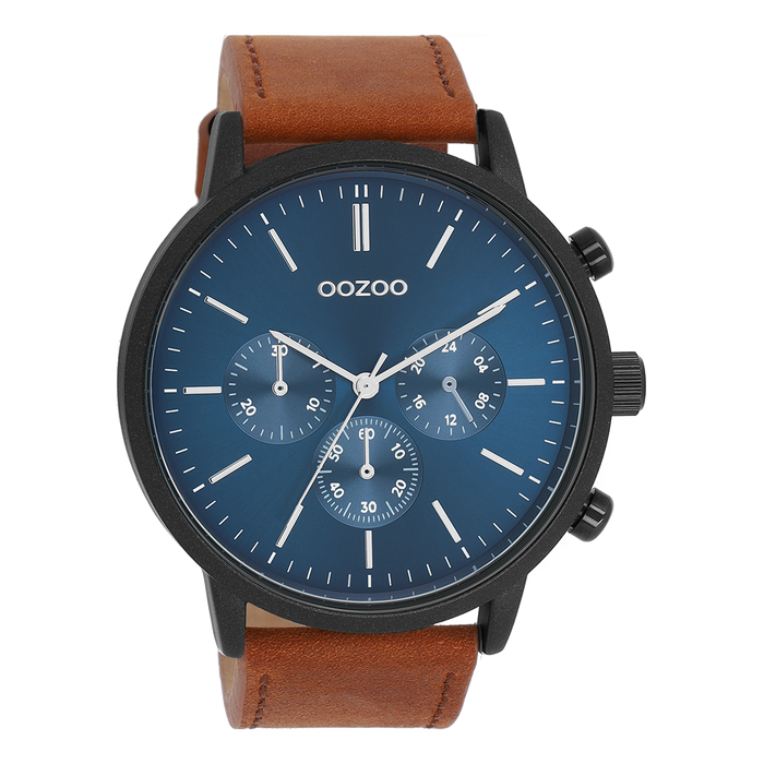 oozoo Zwarte OOZOO horloge met bruine leren band - C11202