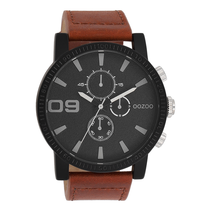 oozoo Zwarte OOZOO horloge met bruine leren band - C11211 oozoo Zwarte OOZOO horloge met bruine leren band - C11211
