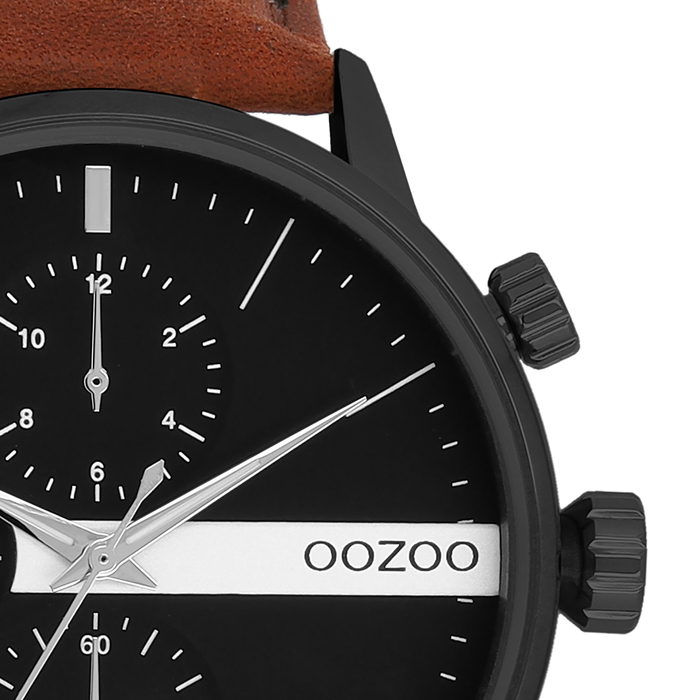 Oozoo Zwarte OOZOO Horloge Met Bruine Leren Band - C11223