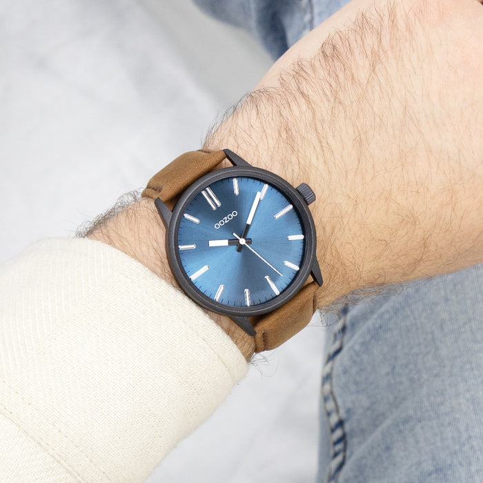 Oozoo Zwarte OOZOO Horloge Met Bruine Leren Band - C11401