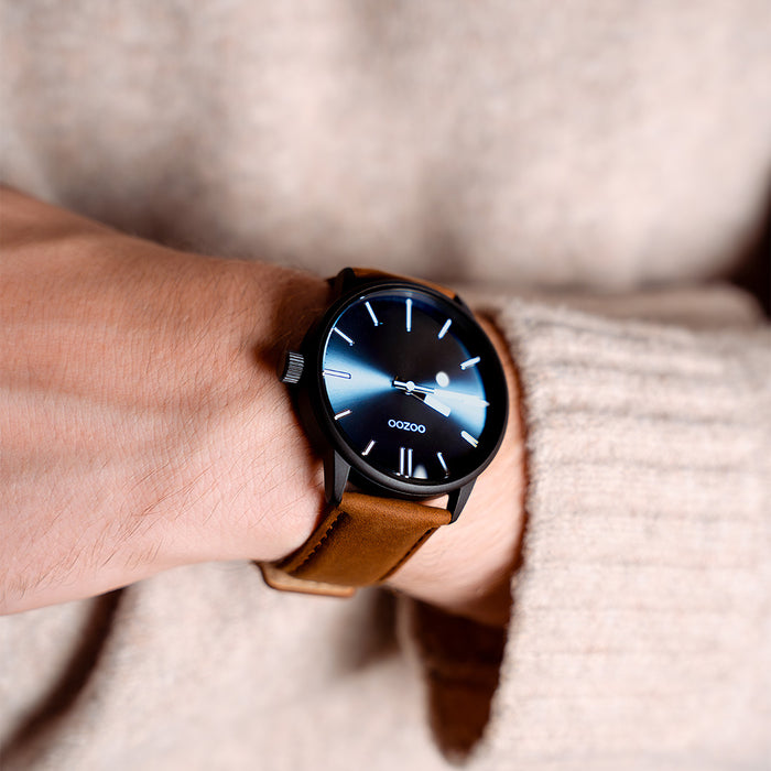 Oozoo Zwarte OOZOO Horloge Met Bruine Leren Band - C11401