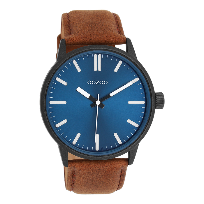 oozoo Zwarte OOZOO horloge met bruine leren band - C11401